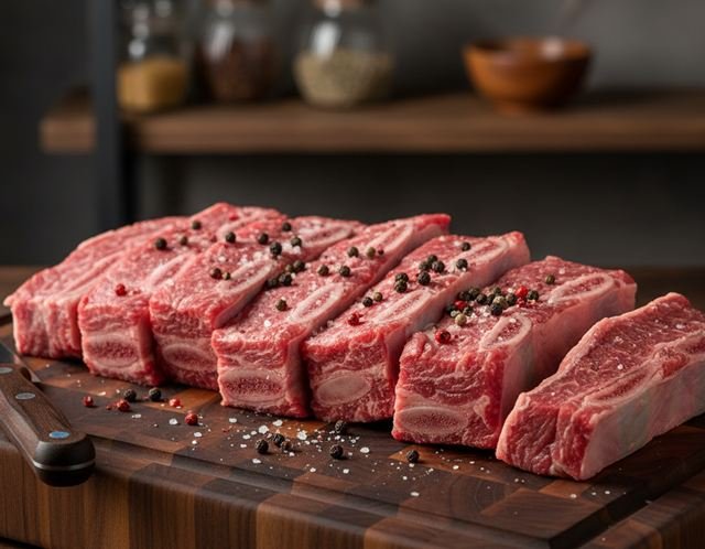 Costilla de res cortada en trozos sobre una tabla de madera.