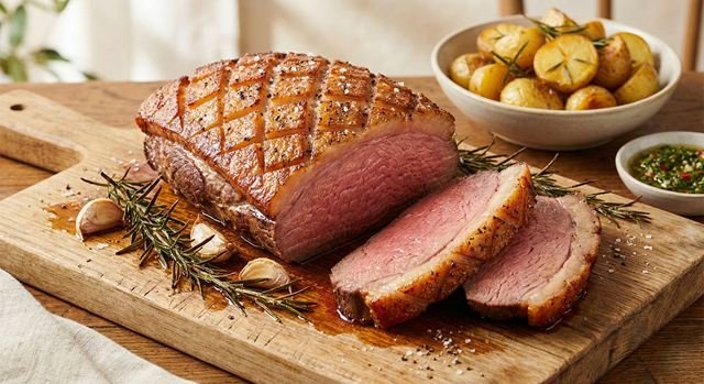 Punta de anca al horno tajada sobre una tabla de madera, con romero, ajo y papas doradas.